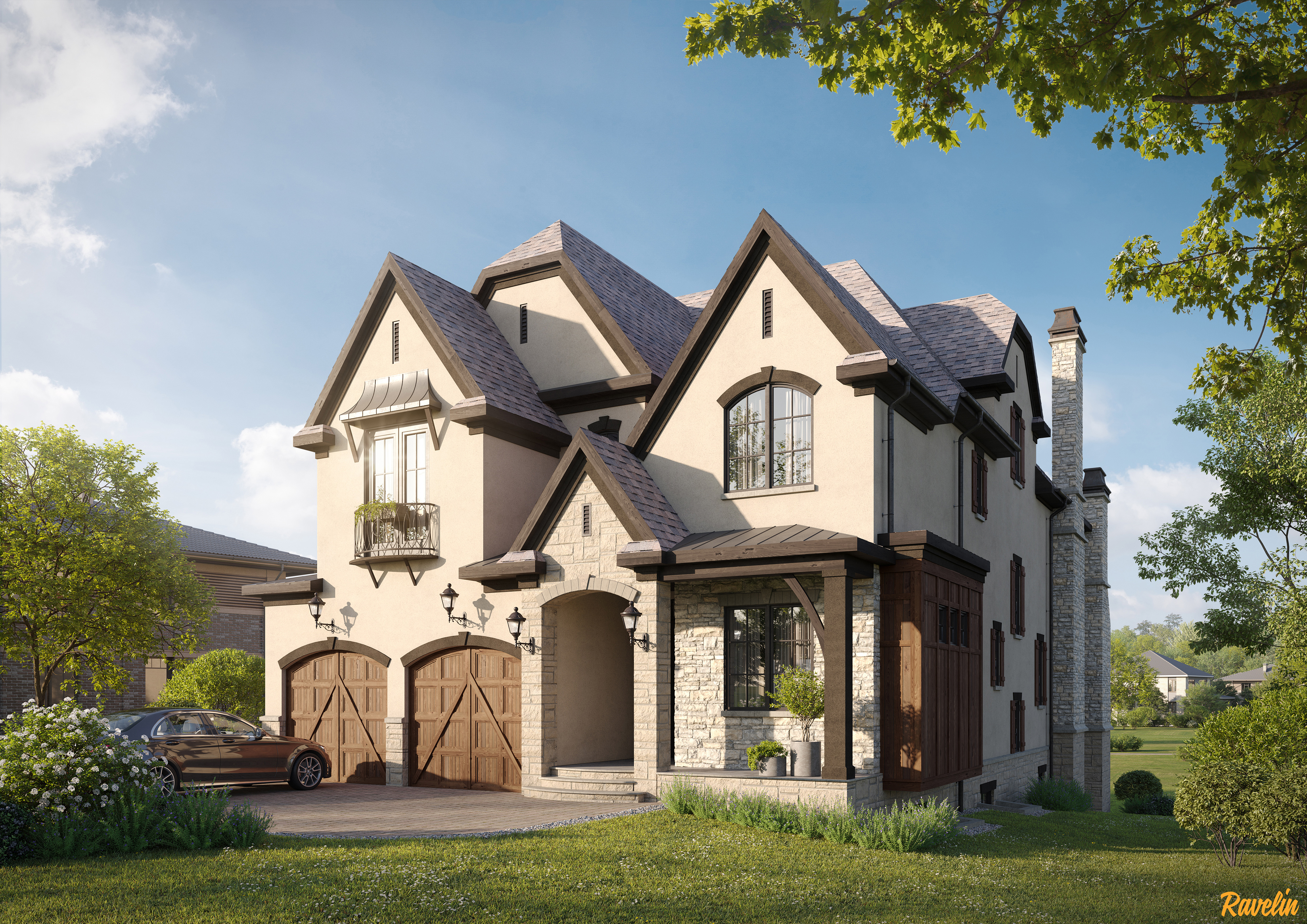 Charming 3D rendering of a residential cottage with landscaped garden and front porch